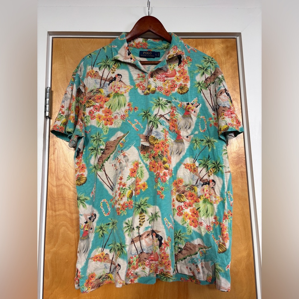 Polo Ralph Lauren Tropical Print Hawiian Floral Flower Camp Shirt Collar Large